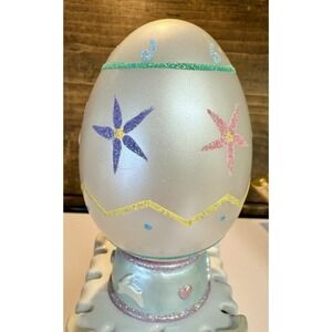 Vintage Blown Glass Easter Egg Pastel Glitter Starburst Pedestal Decor